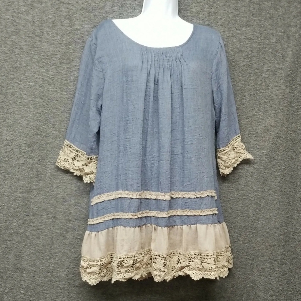 ADORN Women's Size M Top Lined, Lace Trim, Ruffled, Blue, Beige